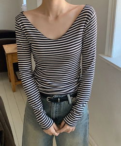 Demien Deep V V-Neck Striped breasted Long-Sleeve T-Shirt - 3 Colors