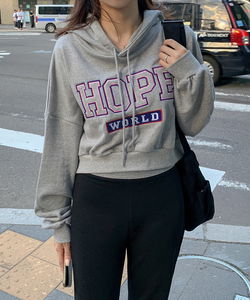 撞色字母刺繡短版連帽衛衣