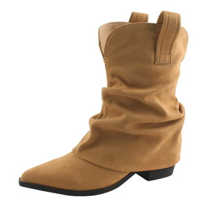 스웨이드 워머 셔링 스틸레토힐 미들힐 부츠 5cm 카멜