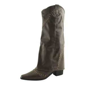 스터드 레이어드 워머 미들힐 롱부츠 그레이