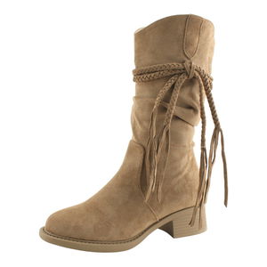 身長アップ 内ヒールボヘミアンシャーリングタッセルミドルブーツ 7.5cm ベージュ