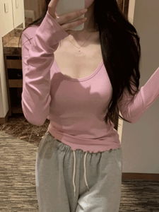 深V領荷葉邊彈性羅紋保暖長袖上衣