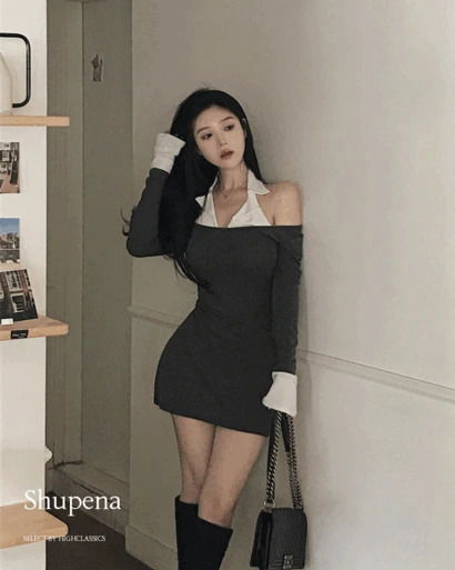 슈페나 카라 홀터넥 레이어드 나팔소매 허리잘록 슬림핏 긴팔 미니 원피스