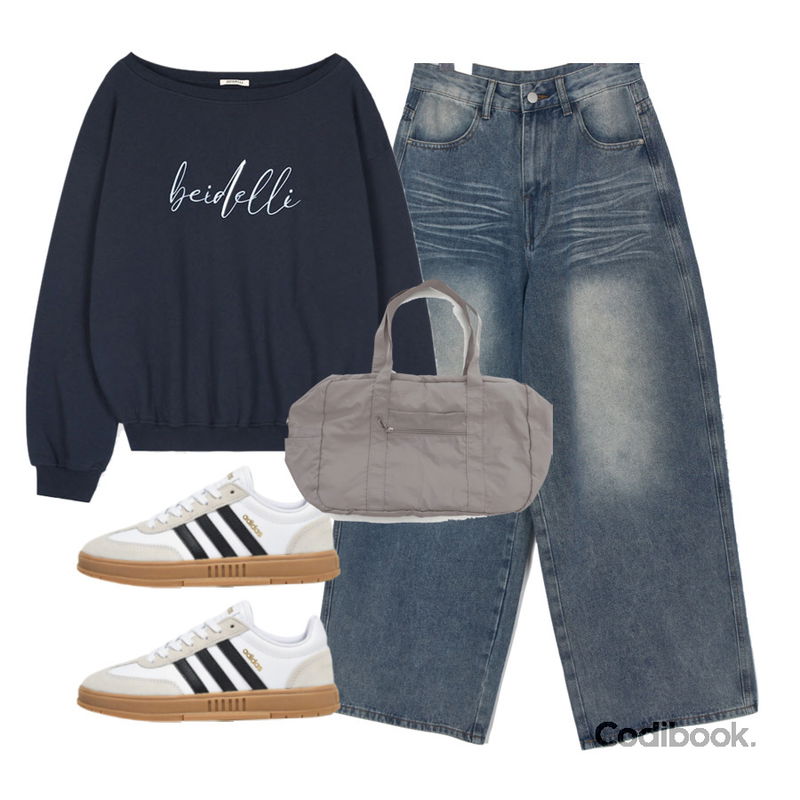 wonderwonder 코닌 나일론 지퍼 빅 숄더백,EEZEE Leger Cat-Brush Washed Denim DE048,BEIDELLI 칼리 오프 숄더 레터링 맨투맨등을 매치한 코디