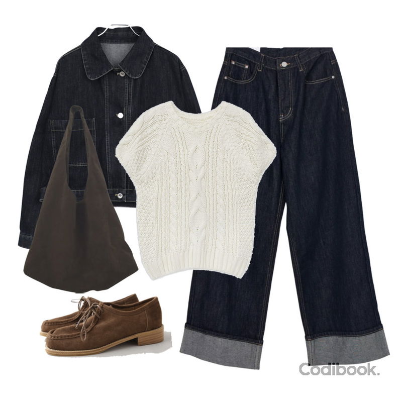 common unique 뉴렌 카우하이드 스티치 로퍼,moaround 로시엔 라운드 도톰 꽈배기 반팔 니트 -3color,DUGGY 호퍼 스웨이드 숄더백 (2color)등을 매치한 코디