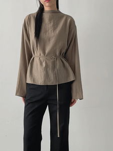 Slit mock neck belted blouse