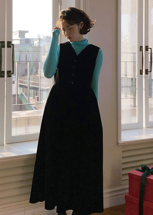 Velour Button Sleeveless Long Dress 连身裙