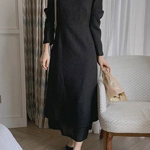 아티세드 트위드 쉬폰 스퀘어넥 셔링 롱 원피스