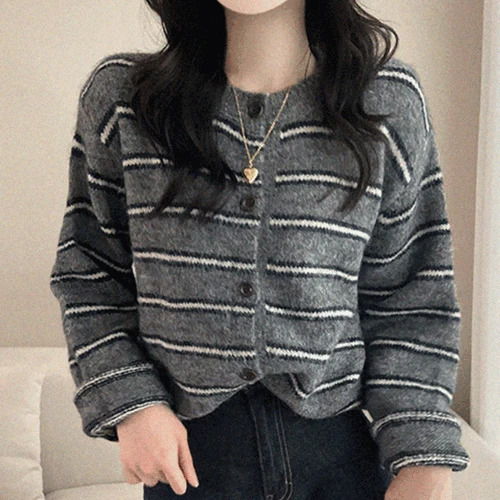 몰드 스트라이프 단가라 폭닥 니트 가디건 3color