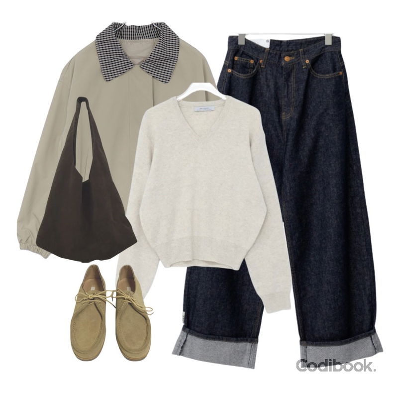 MAGLE (소가죽) 로잔리 스웨이드 로퍼 - 2 color,DUGGY 호퍼 스웨이드 숄더백 (2color),E-PICK 롤업 논페이드 데님등을 매치한 코디