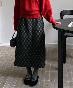 Fredin H-line back banding back slit check long skirt - 2 colors