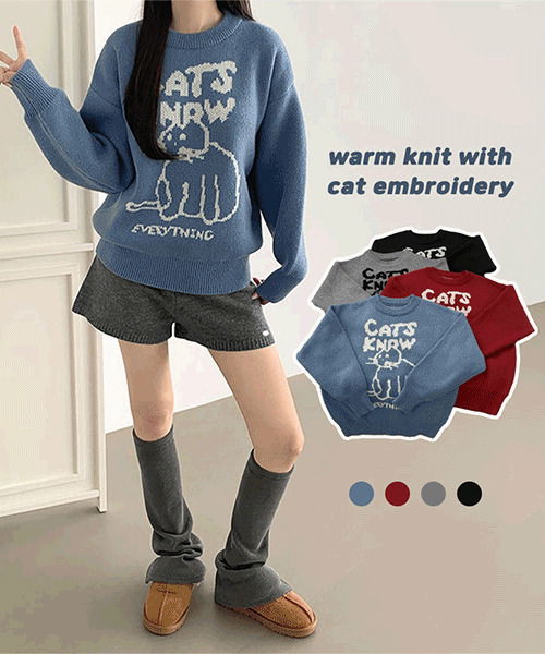 High-quality cat embroidery thick shibori long-sleeved knitwear 針織衫