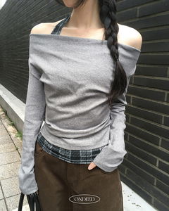 格紋立領分層褶皺露肩長袖上衣