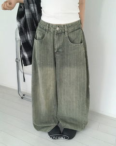 Dewy Stripe Faded Pintuck Long Wide Denim Pants