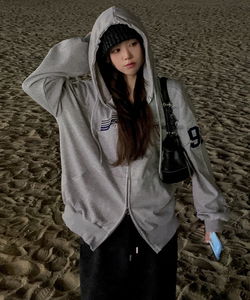 Two-way zipper Loose-fit lettering embroidery hooded zip-up oversized printed long sleeve training long sleeve