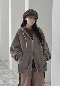 仿舊感寬鬆連帽拉鍊外套
