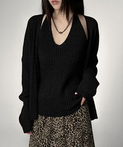 Nijose Ribbed Halter Sleeveless Cardigan RIBBED HALTER SLEEVELESS TOP CARDIGAN SET