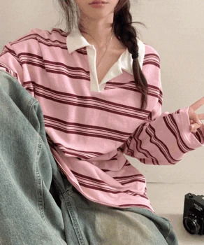 벤니 스트라이프 배색 카라 럭비 긴팔 티셔츠