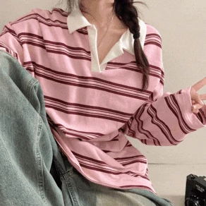 벤니 스트라이프 배색 카라 럭비 긴팔 티셔츠