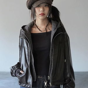 러시브 체크 레더점퍼