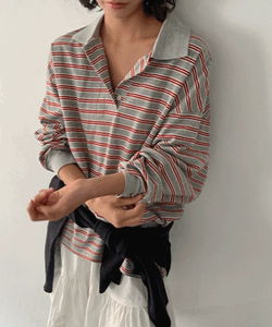 條紋翻領長袖T恤