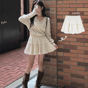 크한 스웨이드 벨벳 레이스 플레어 미니 스커트
