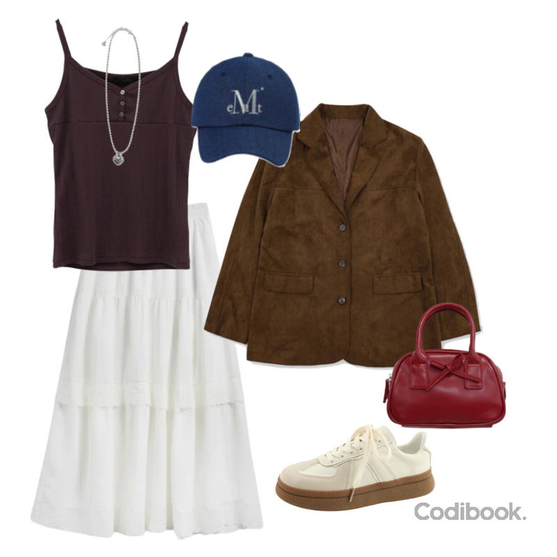 MUCENT MUCENT SIGNATURE BALL CAP (Deep khaki) 무센트 시그니처 볼캡 (딥 카키),DAILYJOU 프린드 애나멜 리본 크로스 도트백,DAILYJOU 케렌 하트 실버 네크리스 (3type)등을 매치한 코디