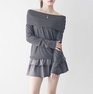 條紋露肩長袖T恤