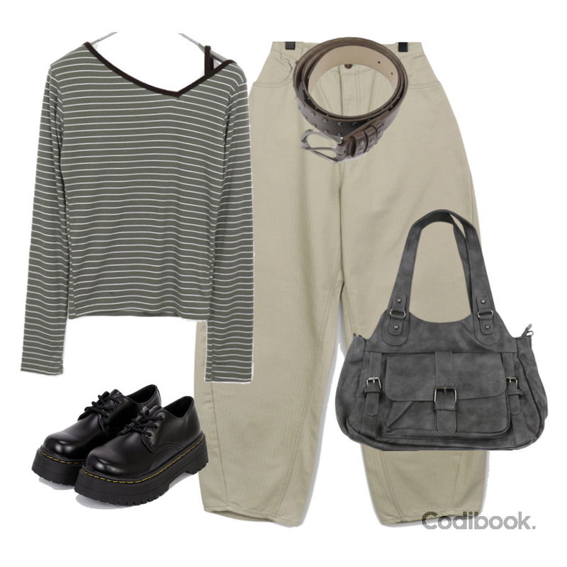 wonderwonder 쿠킷 스트라이프 절개 벌룬핏 와이드 코튼 롱 팬츠,wonderwonder 투핏 스트라이프 언발 스트랩 긴팔 티셔츠,FloridaStudio 에브리데이 카론 청키 더비 슈즈 ED2531등을 매치한 코디