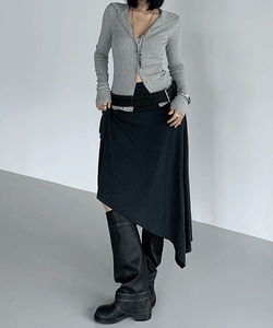 이프 간절기 언발란스 유니크 셔링 폴딩 미디 롱 스커트(블랙,화이트)