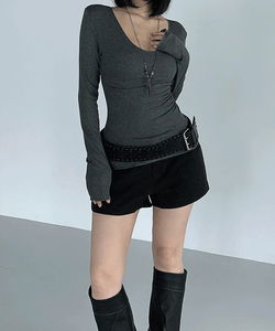 Need Daily Ribbed Basic Deep V-Neck Slim Long Sleeve T-Shirt Top