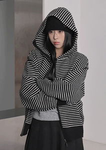 Berun Two-Way Stripe Knitwear Hooded Zip-Up