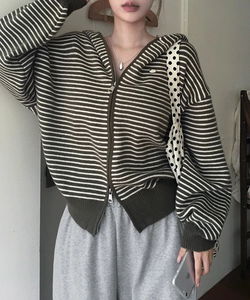 Korean Symbol Striped Dangara Knitwear Hooded Zip-Up - 4 Colors