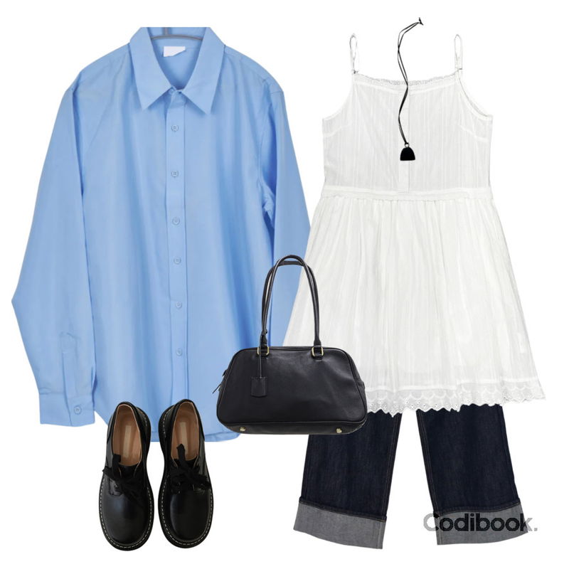 AAKE BOLD STITCH LOAFER (3color),WONLOG 아일 펜던트 네크리스,Dayroze 하니 레이스 버튼 나시원피스 (2color)등을 매치한 코디