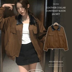 얼린 레더 카라 배색 스웨이드 자켓 (3color)