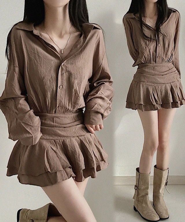 가을무드 프릴 레이어드스커트 스모크 밴딩 블라우스 셔츠 미니 원피스 3color