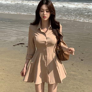 셔츠형 뒷리본 플레어 미니 원피스 롱슬리브 A라인