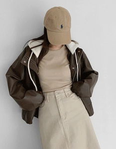 拼色連帽寬鬆皮革外套