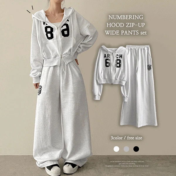 프크 넘버링 후드집업 와이드팬츠 셋업 세트 (3color)