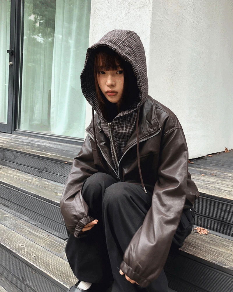 Jeanne Check String Pocket Leather Layered Hooded Jacket