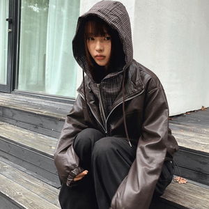 Jeanne Check String Pocket Leather Layered Hooded Jacket