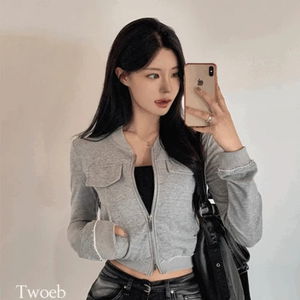 투에브 노카라 투웨이지퍼 페이크포켓 시보리 컷팅포인트 크롭 간절기 집업 긴팔 자켓