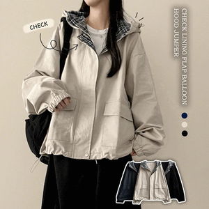 Cumin check color-block lined cotton Boxy hooded Jacket