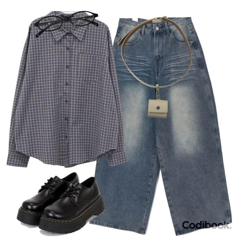 wonderwonder 푸르 너드 긱시크 라운드 뿔테 안경,DUGGY 미뉴엣 팟 벨트 (3color) *블랙 당일 발송 가능,DAILYJOU 마론 오버핏 체크 셔츠 (공용)등을 매치한 코디