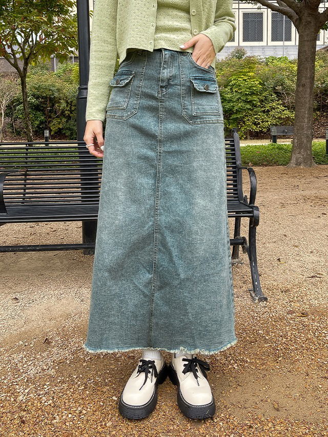 Big Size M-3XL Pokerun Denim Pocket Plunge Long Flare Skirt Denim Skirt