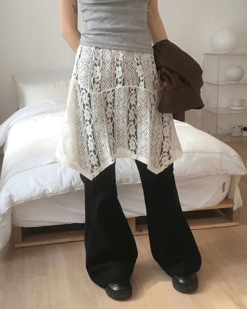 도메 레이스 시스루 언발 레이어드 미디 스커트