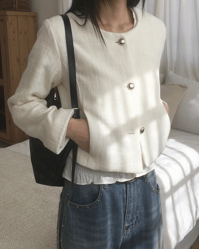 베체 은장 단추 트위드 자켓