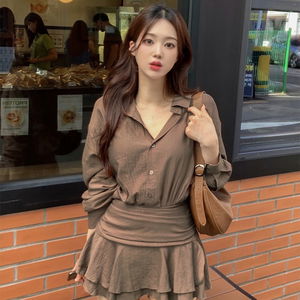 카라 셔츠 셔링 스모크밴딩 캉캉 플레어 미니 원피스 롱슬리브 긴팔 블라우스 숏 치마