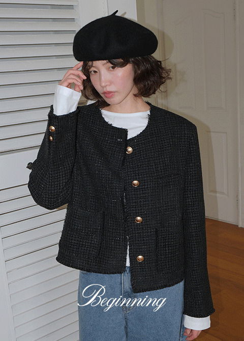 金扣流蘇粗花呢短版外套