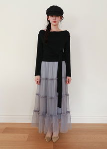 垂墜感絲帶露肩長版上衣